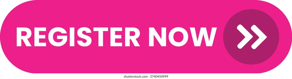 A bright pink button with white text that reads 'REGISTER NOW' on a plain white background. The button is rounded and has a subtle shadow effect, giving it a sense of depth. The text is clear and easy to read, with a bold font that grabs attention. The arrow icon to the right of the text adds a sense of direction and encourages the user to take action. This image can be used as a call-to-action element on a website, prompting users to sign up or register for a service or event.