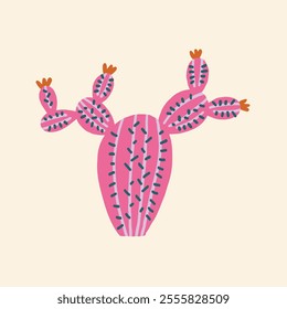 Bright pink cactus with decorative patterns on a neutral background. Vector hand drawn illustration in freehand style