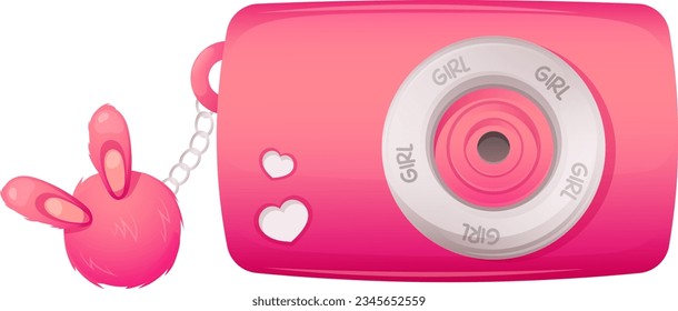 Bright pink camera with fluffy ball keychain with ears. Doll camera, accessories for princess girl. Vector illustration in cartoon style, garish vector