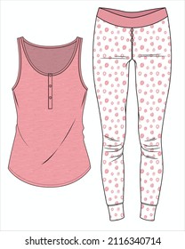 BRIGHT PINK CAMI  AND DOODLE POLKA SEAMLESS PAJAMA SET FOR WOMEN AND TEEN GIRLS IN EDITABLE VECTOR FILE