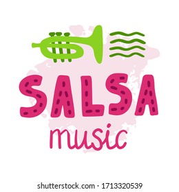 Bright pink card about Salsa music. Banner for social dance events. Pink abstract spot on the background. Vector illustration. EPS-10.
