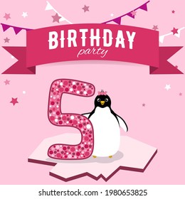 Bright pink card for the fifth birthday of the girl with a penguin and stars. Children's theme party for 5 years. Cheerful invitation to the children's party 5 months.