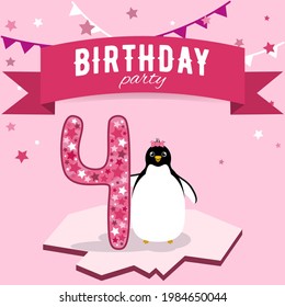 Bright pink card for the fourth birthday of the girl with a penguin and stars. Children's theme party for 4 years. Cheerful invitation to the children's party 4 months.