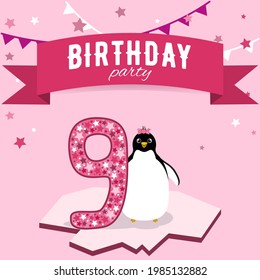 Bright pink card for the girl's ninth birthday with a penguin and stars. Children's theme party for 9 years. Cheerful invitation to a 9 months children's party.