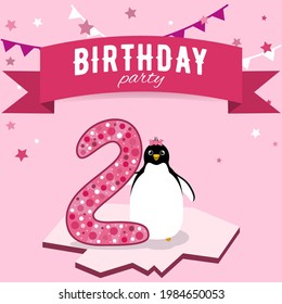 Bright pink card for the girl's second birthday with a penguin and stars. Children's theme party. A cheerful invitation to a children's party.