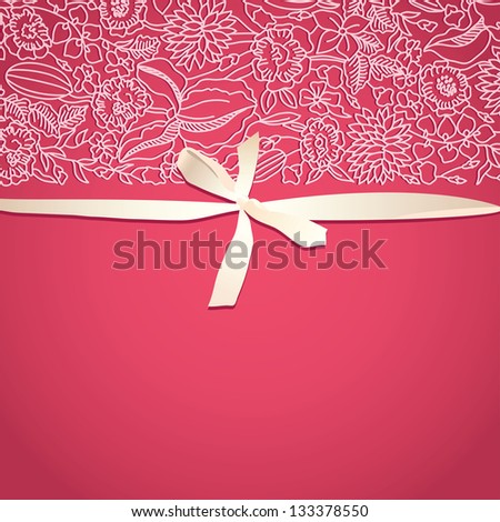 Bright pink card with ornamental pattern and bow in retro style