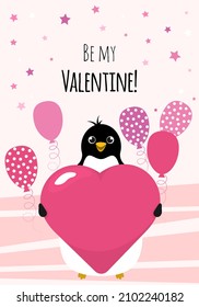 Bright pink card for Valentine's Day with a penguin with heart and balloons. Cute pink card in cartoon flat style for February 14th.