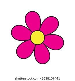 Bright Pink Cartoon Flower with Yellow Center and White Background