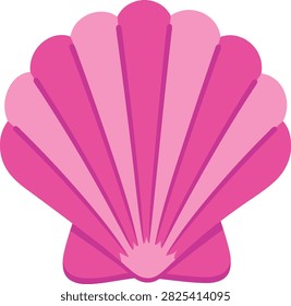 Bright pink cartoon seashell with layered fan-shaped sections and alternating light and dark pink tones, isolated on a white background.