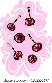 Bright pink cherries on an abstract pink background