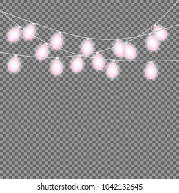 Bright pink Christmas lights isolated realistic design elements. Glowing lights for Party, Holiday, New Year, birthday or greeting card design. Garlands, Christmas decorations. Template or mock up