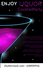 Bright pink cocktail in martini glass half.Neon cocktail with light glowing on black background.