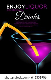 Bright pink cocktail in martini glass top.Neon cocktail with light glowing on black background.