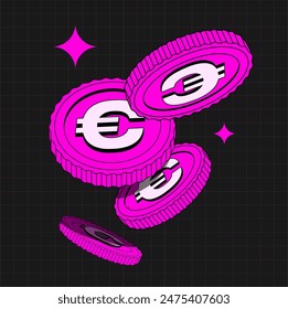 Bright Pink Coins in flat style. illustration 90s of currency or dollar in retro y2k style . Flying Money. Applicable for gambling games, jackpot, bank, financial illustration or banners. Vector 