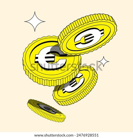 Bright Pink Coins in flat style. Isolated illustration of currency or dollar in retro y2k style . Flying Money. Applicable for gambling games, jackpot, bank, financial illustration or banners. Vector