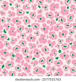 Bright pink colorful leopard fur seamless pattern. Wild exotic animal print design. Abstract simple flowers, flat design. Vector wallpaper.