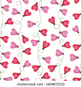 Bright Pink Colorful Valentine's Day Holiday Intertwined Heart Shape String Lights Forming Vertical Stripes on White Background Vector Seamless Pattern. Cute Festive Love Background. Girly Print