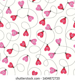 Bright Pink Colorful Valentine's Day Holiday Intertwined Heart Shape String Lights on White Background Vector Seamless Pattern. Cute Festive Love Background. Girly Print