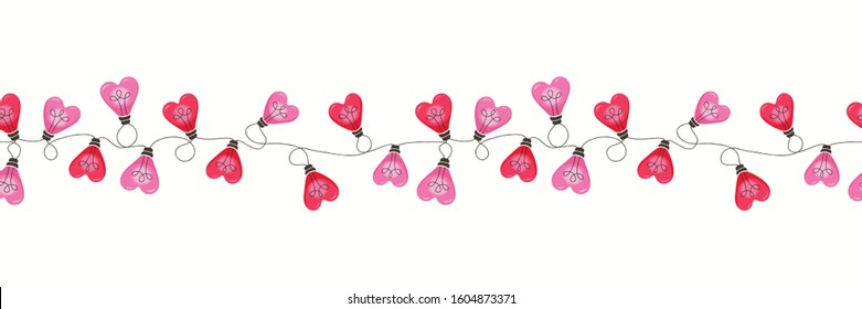 Bright Pink Colorful Valentine's Day Holiday Intertwined Heart Shape String Lights on White Background Vector Seamless Horizontal Border Pattern. Cute Festive Love Background. Girly Print