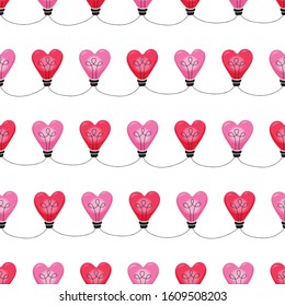 Bright Pink Colorful Valentine's Day Holiday Intertwined Heart Shape String Lights Forming Vertical Stripes on White Background Vector Seamless Pattern. Cute Festive Love Background. Girly Print