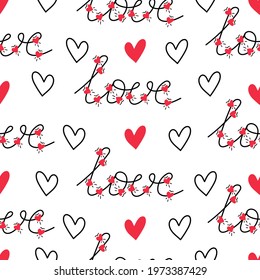 Bright Pink Colorful Valentine's Day Holiday Intertwined Heart Shape String Lights on White Background Vector Seamless Pattern. Cute Festive Love Background. Girly Print