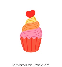 Bright pink cupcake with heart and colored decoration for Valentine's day. Vector illustration on white background. Detailed cartoon element