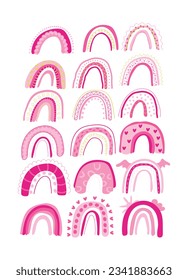 Bright pink cute rainbows on a white background. Magic rainbow. Vector illustration.