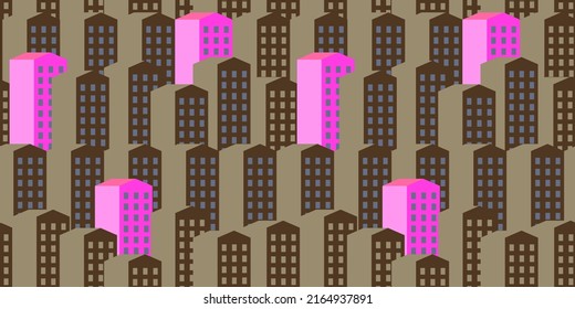 Bright Pink And Dark Brown Houses. Vector Seamless Pattern. Property Background. Modern Apartment Building. Home. Real Estate. Town Street. Urban Geometric Design. Sustainable Living. City Life. NFT