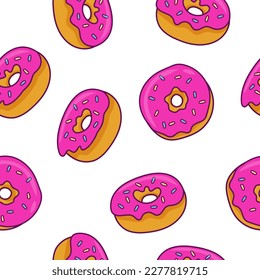 Hell und rosa Donuts Vektor nahtloses Muster. Donuts mit Glasur und Berieselung auf weißem Hintergrund.