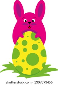 A bright pink Easter bunny in kawaii style sits on a spotted yellow-green Easter egg. Joyful cheerful Easter bunny climbed onto a big beautiful egg. EPS8