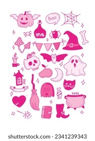 Bright pink elements for Halloween design stickerpack. Pumpkin, Skull, Ghost, Gravestone, Spider, Candy, Broom, Hat, Eye, Potion, Bone, and more. Halloween labels, icons and objects. Happy holiday. Al