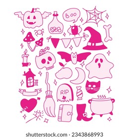 Bright pink elements for Halloween design stickerpack. Pumpkin, Skull, Ghost, Gravestone, Spider, Candy, Broom, Hat, Eye, Potion, Bone, and more. Halloween labels, icons and objects. Happy holiday.