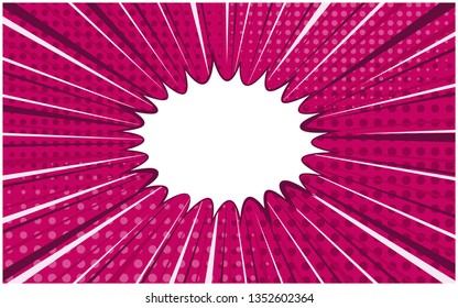 Bright pink exploding retro comic background with halftone shadow and circle of dark and light stripes. Magenta horizontal backdrop with bubble for comics book, advertising design, poster, print