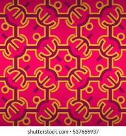 Bright pink fancy seamless pattern in maze style. Classic design. Vector background.