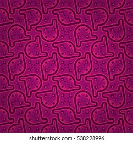 Bright pink fancy seamless pattern in carpet style. Bright, symmetric design for wallpaper, ads, fabric or other purpose. Knotty tessellated repeatable backdrop. Modern decor.