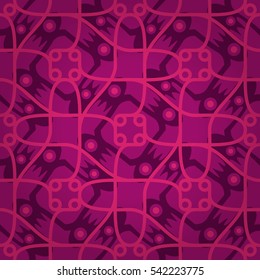 Bright pink fancy seamless pattern in node style. Colored, symmetrical design for web, game, surface or other purpose. Entangled puzzle repeatable backdrop. Modern motif.