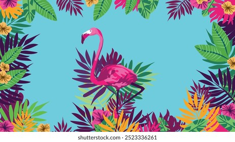 a bright pink flamingo surrounded by lush tropical foliage, including green leaves and various colorful flowers, set against a turquoise background.