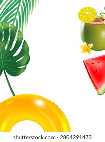 Bright pink float with heart patterns floats in clear blue water. Tropical leaf drapes the upper left corner. Refreshing orange drink with green straw rests above