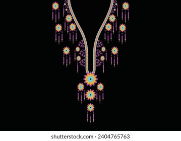 Bright pink floral embroidery pattern blouse neckline geometric pattern Traditional on abstract vector background, Aztec style, design for fabric texture, women fashion wear, print decoration.