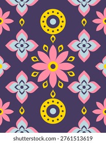 Bright pink floral mandala pattern on purple background with teal accents and yellow geometric dots, seamless pattern