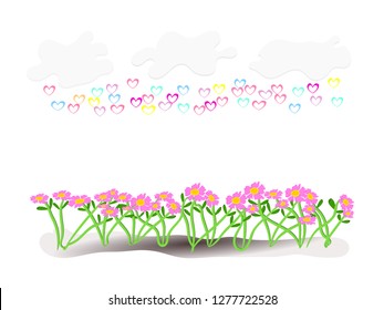 Bright pink flower garden with a large cloud floating in the sky and the rain fell into a heart shape. Concept Love is bright and juicy.