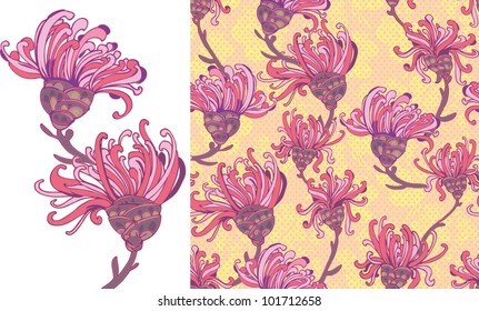 Bright Pink Flower Seamless Pattern. plus a beautiful flower chrysanthemum