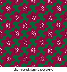 Bright pink flower silhouettes seamless pattern in doodle style. Green background. Spring simple backdrop. Stock illustration. Vector design for textile, fabric, giftwrap, wallpapers.