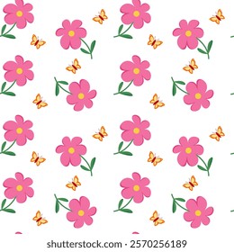 Bright pink flowers with green leaves and orange butterflies scattered on a white background, forming a cheerful floral pattern