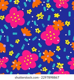 Bright Pink Flowers with Sprinkles Vector Seamless Pattern