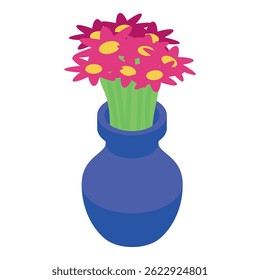 Bright pink flowers with yellow centers standing in a blue vase, isometric illustration