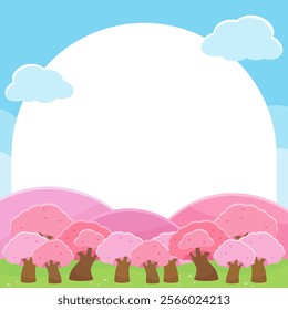 bright pink forest and field in spring time theme frame, vector illustration