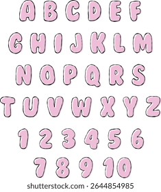 Bright pink funky cartoon alphabet letters and numbers icon set, back to school background, multicolor kids education design, black contour line