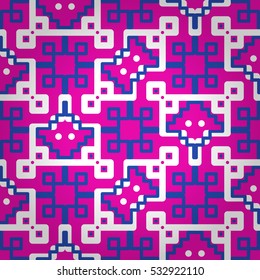 Bright pink geometric seamless pattern background in ancient style. Shining, graphical design for textile, ads, banner or other purpose. Entangled tessellated repeatable backdrop.