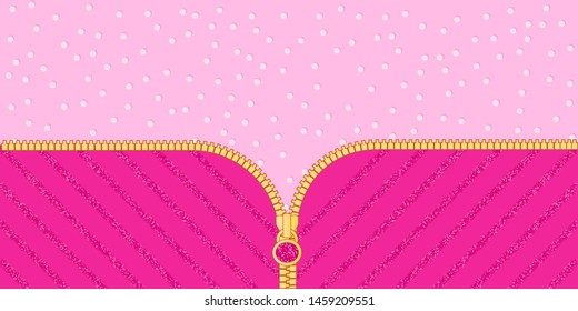 Bright pink glittered striped on light background for themed lol doll party. Open vector yellow zipper and cute lock. Rose baby birth backdrop template with dots. Blank red banner text space invite